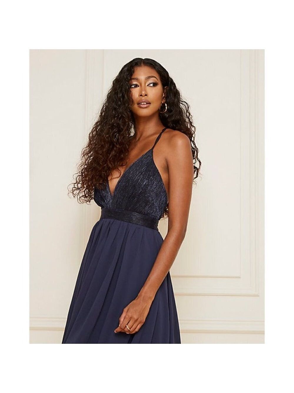 Le Chateau Navy Blue Metallic Knit Deep-V Fit & Flare Dress Size XXL - Picture 3 of 7